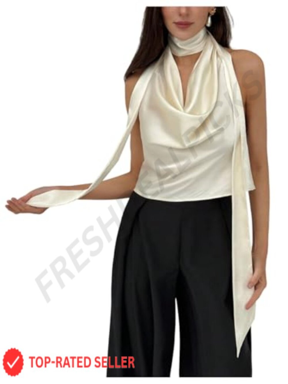 Satin Halter Top Sleeveless Draped Front Backless Dressy Cowl Neck